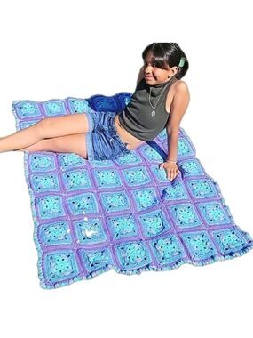 Hand Crafted Purple Blue Aqua Crochet Blanket Granny Square Throw
